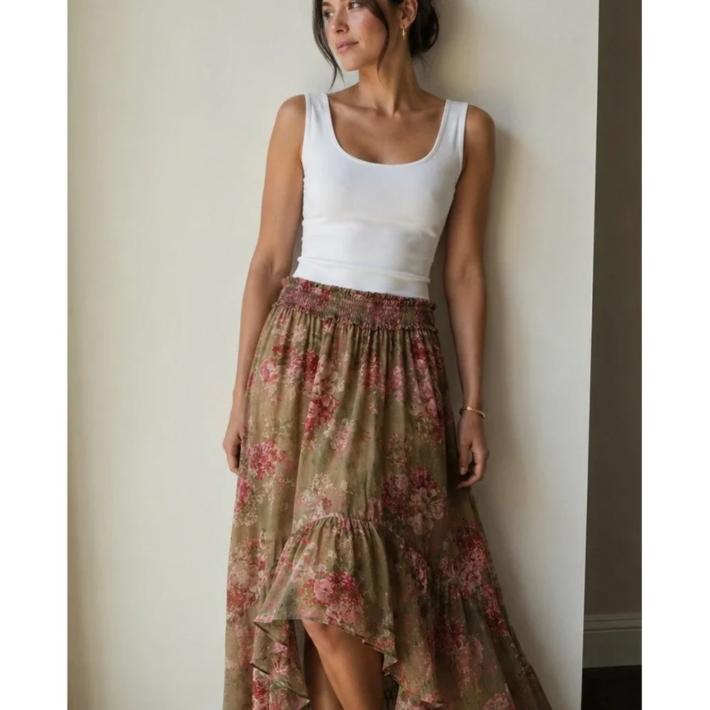 Sundance‎ Floral High-Low Maxi Skirt Tan Pink Boho Cottagecore PS Petite Small